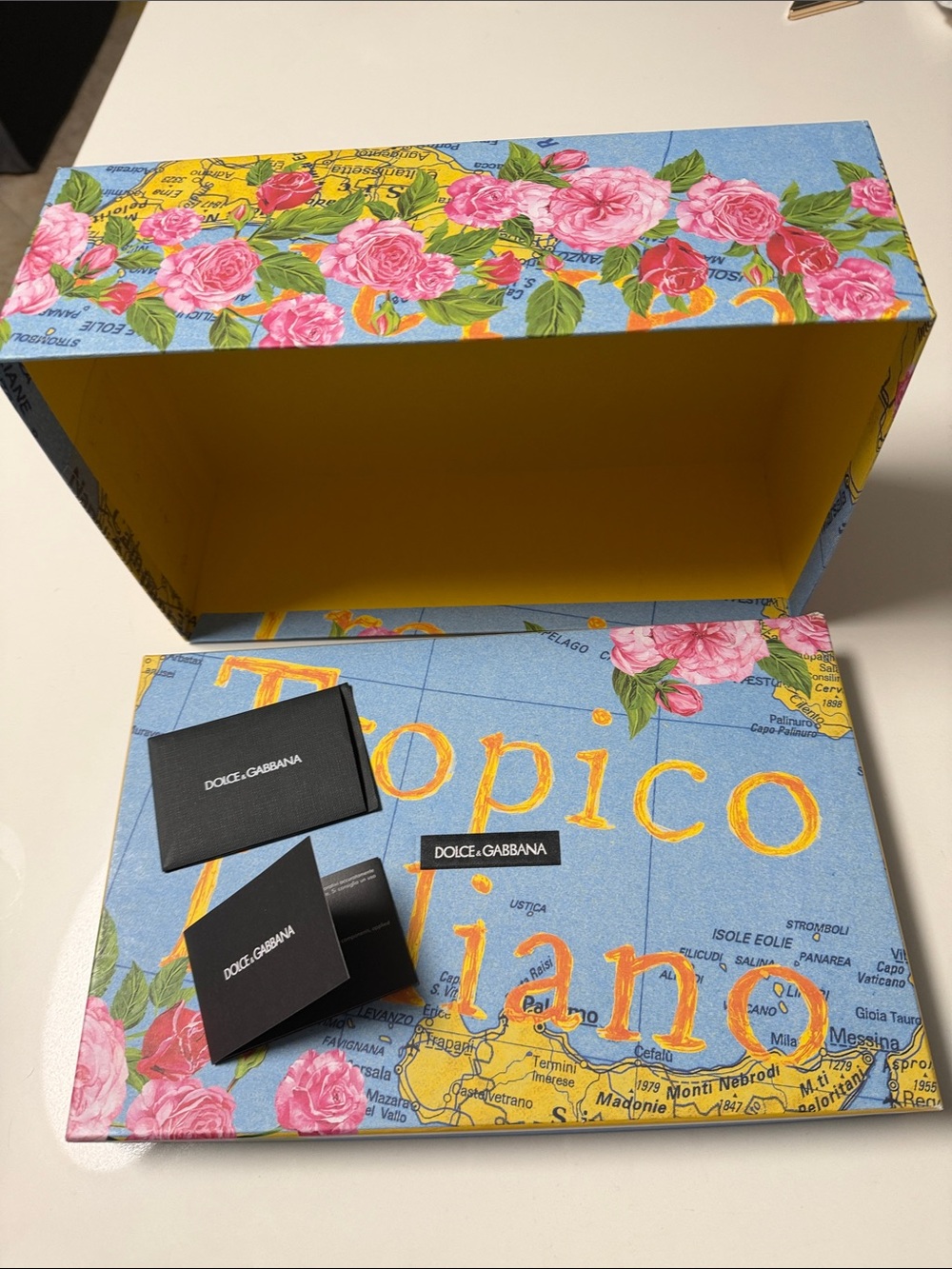 Dolce & Gabbana Floral Tropico Box in Blue, Pink & Yellow empty shoes box/ cards
